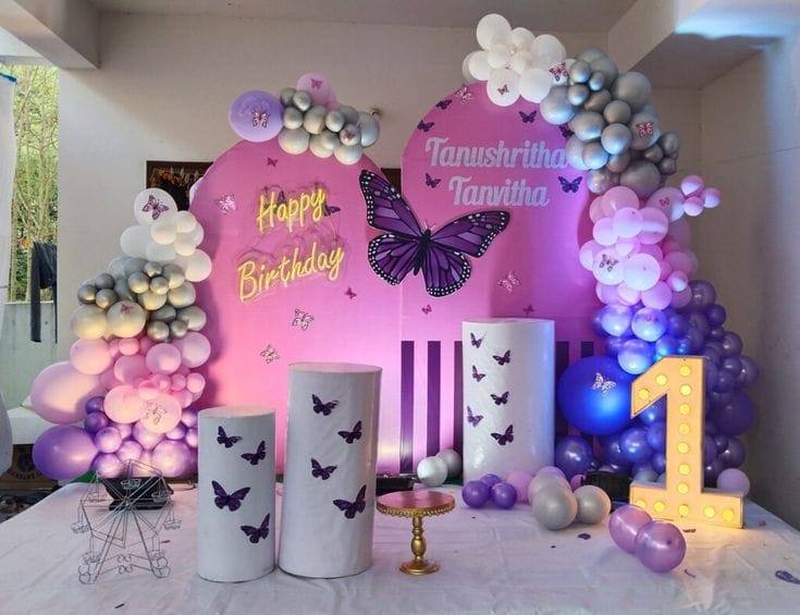 Pink & Purple Butterfly 1st Birthday Milestone Setup Pune
